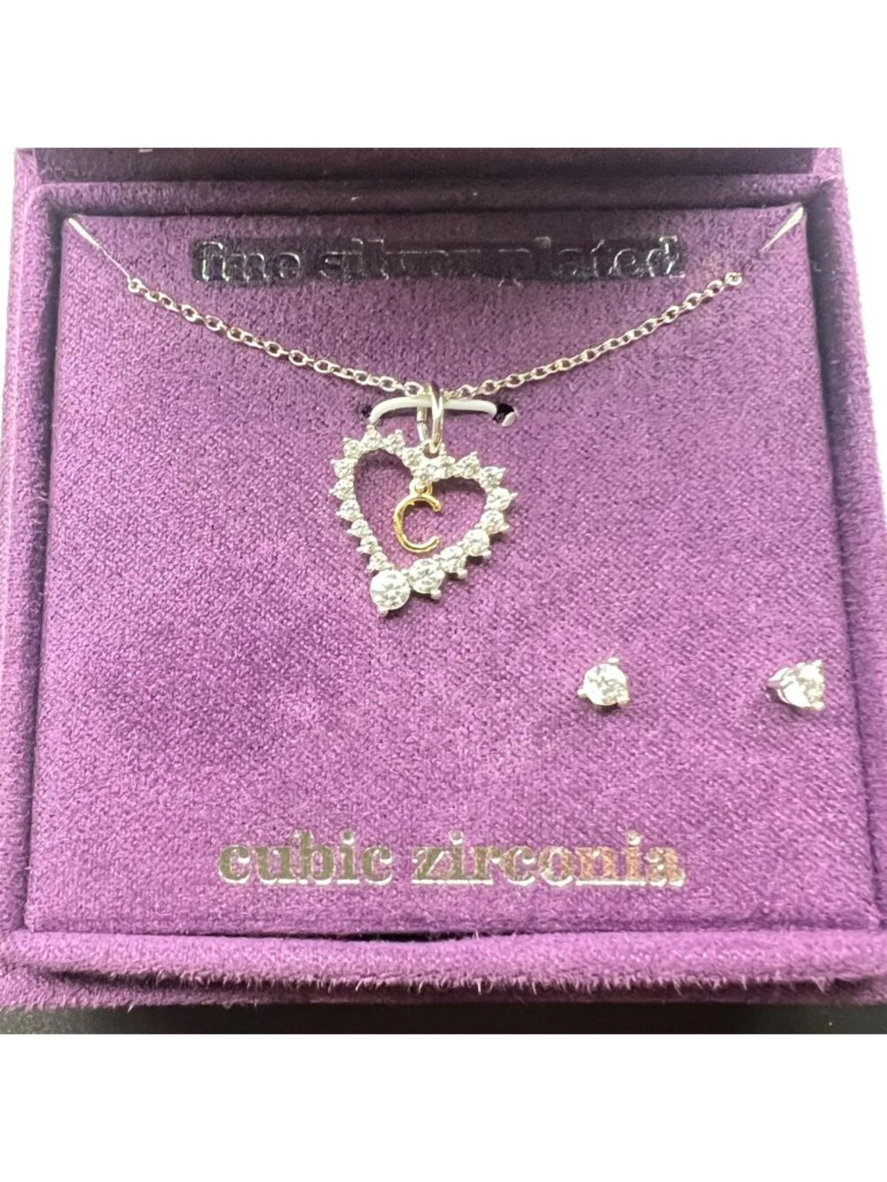 NWT Sparkle Allure Initial C Pendant Necklace Stud Earring Set Silver-Plated CZ